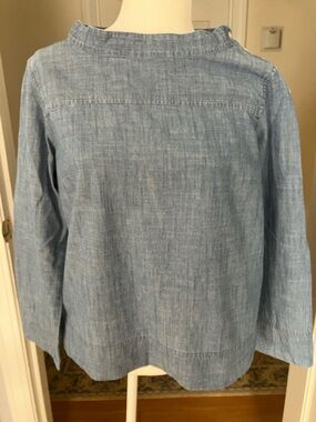 J.Crew lightweight cotton denim funnel neck shoulder button blouse tunic 6 EUC